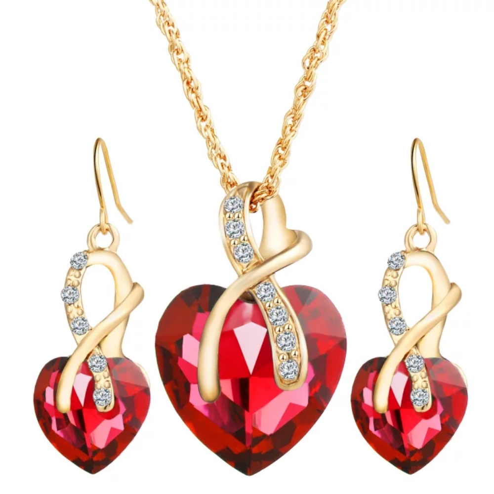 Crystal Heart Necklace Set & Earrings Red Bridal